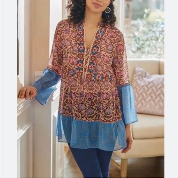 soft surroundings Tops - Soft surroundings pergola embroidered floral print sheer tunic Sz s